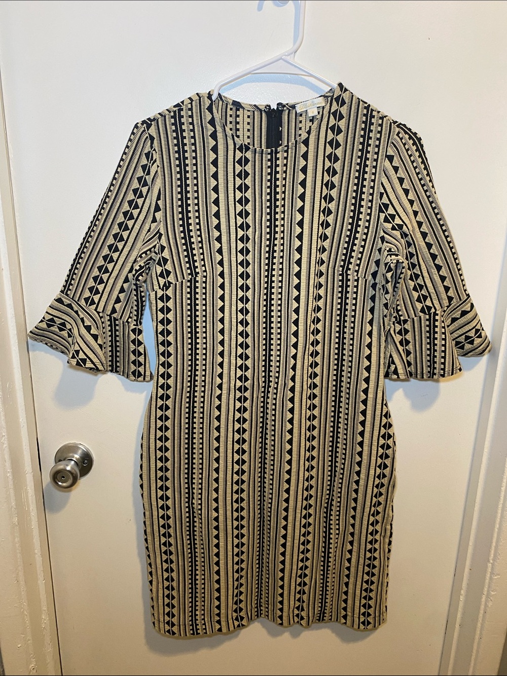 Shoshanna Black and Cream Geometric Midi Dress